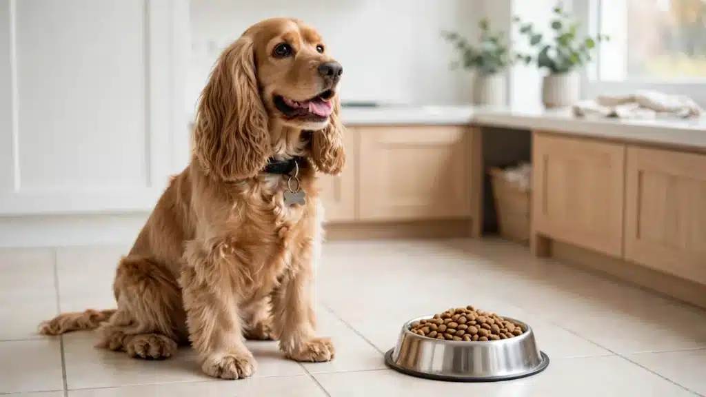 Mejor pienso para tu mascota Perro cocker spaniel sano sentado junto a su bowl de acero lleno de croquetas en una cocina hogareña limpia y luminosa.