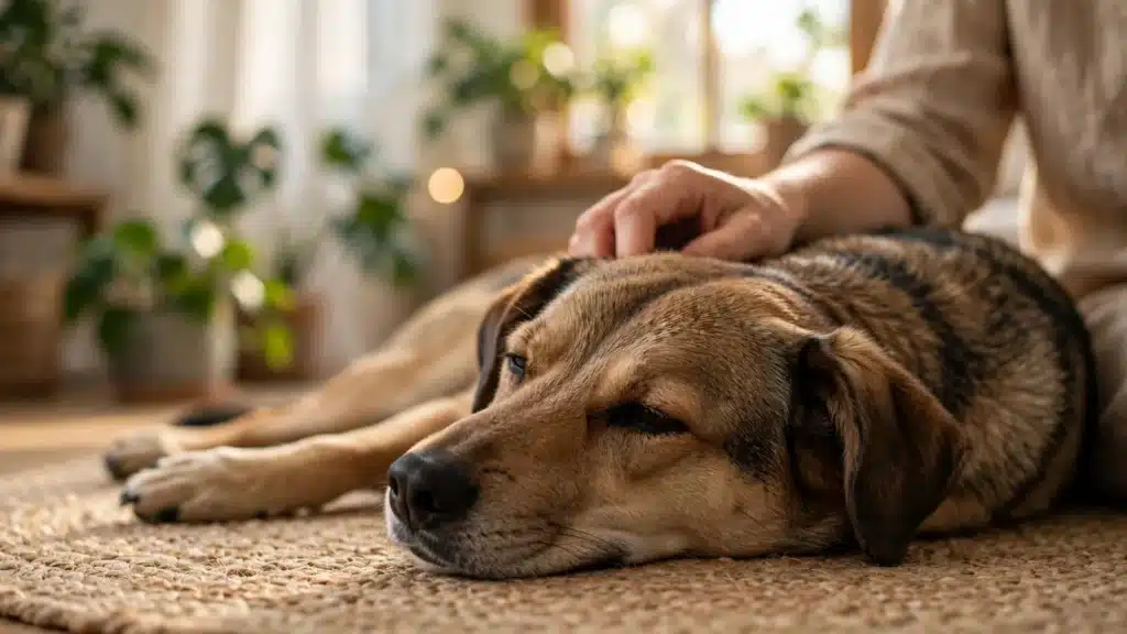 Tranquilizante casero para perros Perro acostado tranquilo en casa mientras su dueño le acaricia la cabeza: alternativas caseras para calmar a los perros sin automedicar, con advertencias sobre melatonina y xilitol