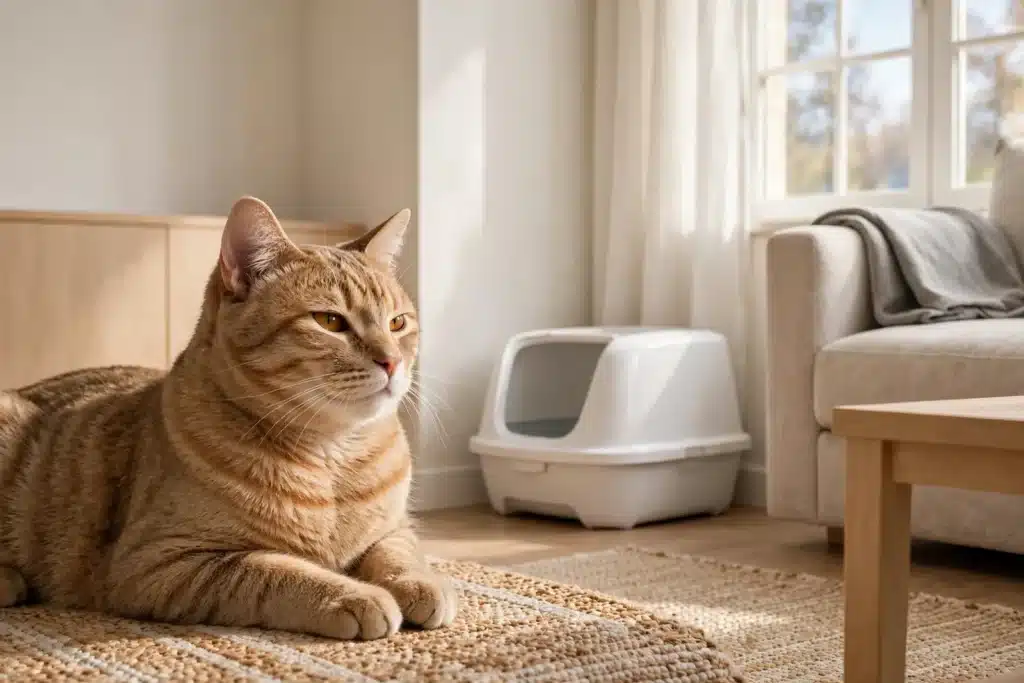 Repelente casero para gatos para que no se orinen Gato doméstico tranquilo en una sala luminosa junto a su caja de arena limpia, ambiente hogareño acogedor.