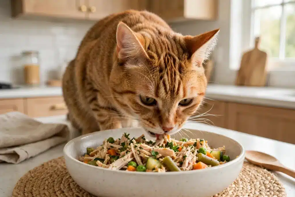 Alimento casero para gatos Gato doméstico comiendo comida casera de su bowl en una cocina luminosa y acogedora
