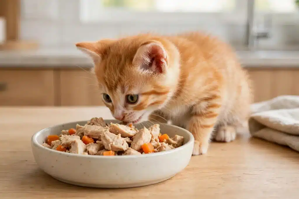 Comida casera para gatos cachorros Gatito naranja cachorro comiendo de un tazón de cerámica con comida casera: trozos de pollo cocido y zanahoria picada, sobre una mesa de madera en una cocina hogareña luminosa.
