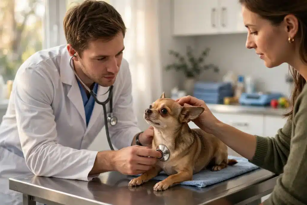 Enfermedades de perros chihuahua Veterinario auscultando con estetoscopio a un chihuahua mientras su dueña lo acaricia en un chequeo preventivo en la clínica.
