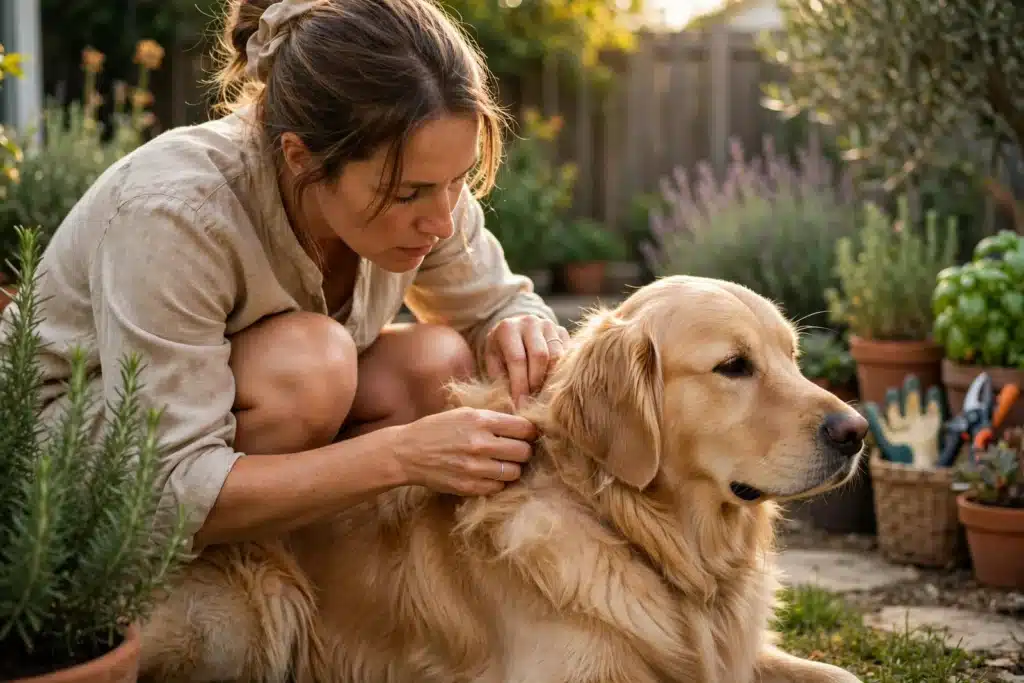 Combate las garrapatas de tu Mascota Una dueña revisa con atención el pelaje del cuello de su perro golden retriever en un jardín soleado, buscando garrapatas entre el pelo.