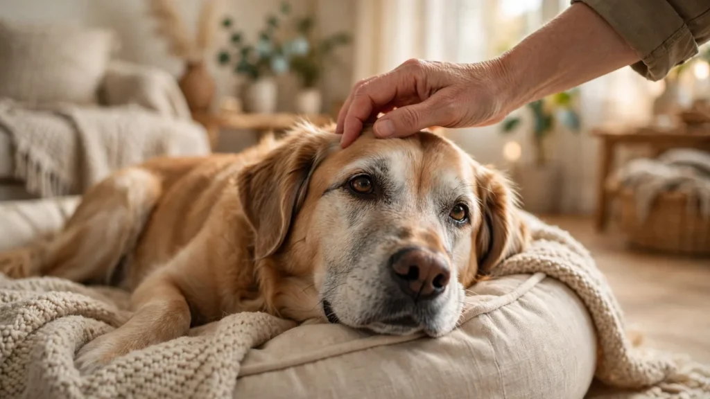 Cuidados de los Perros en la Vejez Perro senior de raza grande con el hocico canoso descansando en una cama cómoda mientras su dueño le acaricia la cabeza, en un ambiente hogareño cálido
