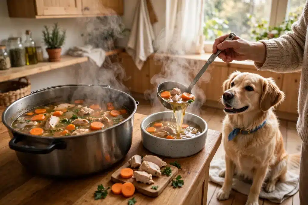 Deliciosas sopas preparadas en casa para Perros Olla humeante con sopa casera de pollo y zanahoria mientras un perro espera junto a su dueño en la cocina