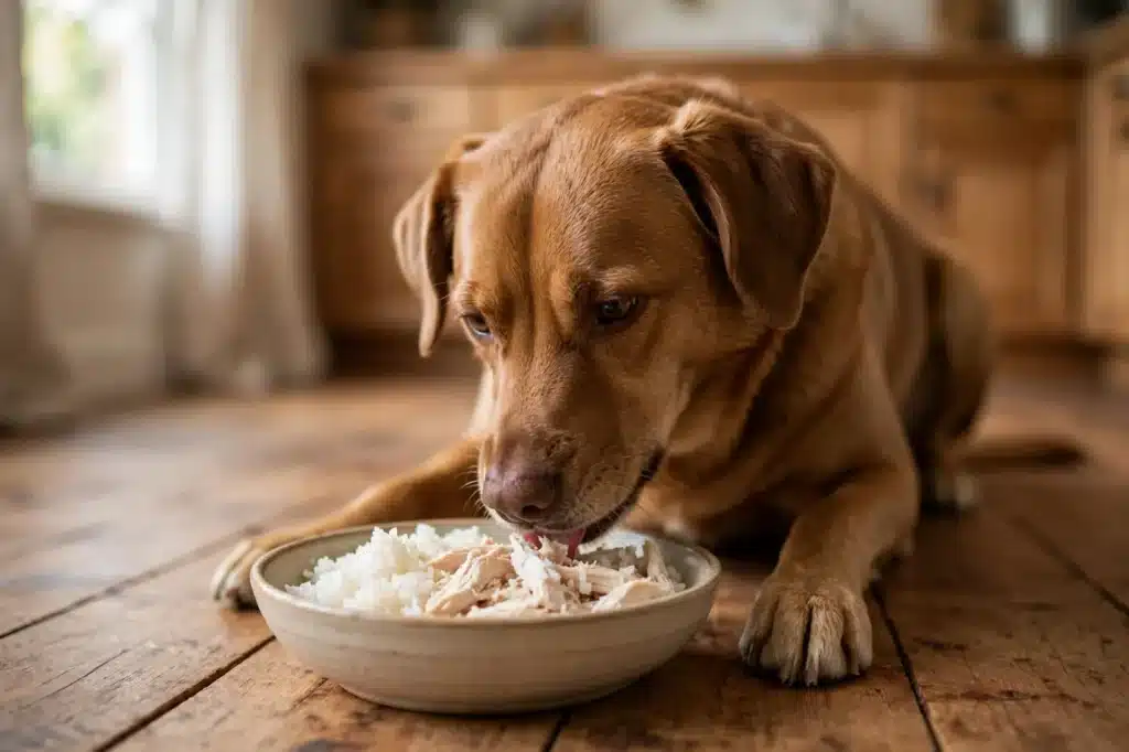 Tratamiento para la indigestión en Mascotas Perro tranquilo comiendo una dieta blanda casera de arroz blanco y pollo cocido en un bowl, recomendada como alimentación suave durante la indigestión en mascotas.