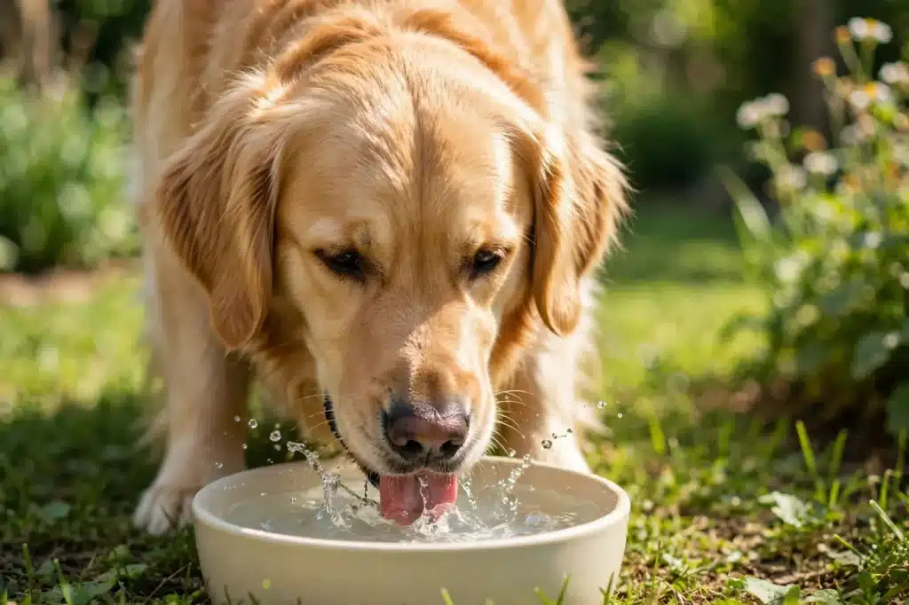 Infección de Orina en Perros Perro golden retriever bebiendo agua fresca de un bowl limpio en un jardín soleado