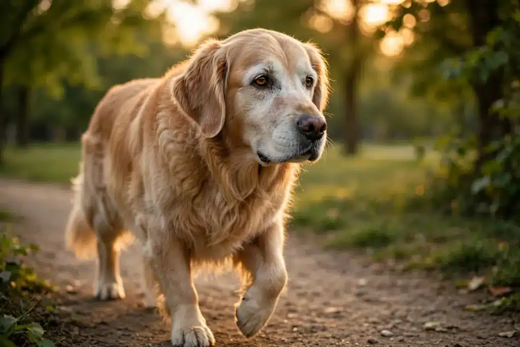 Artritis en Perros Síntomas, Causas y Tratamientos Perro golden retriever senior con el hocico gris caminando despacio por un parque soleado, ilustrando la artritis en perros mayores