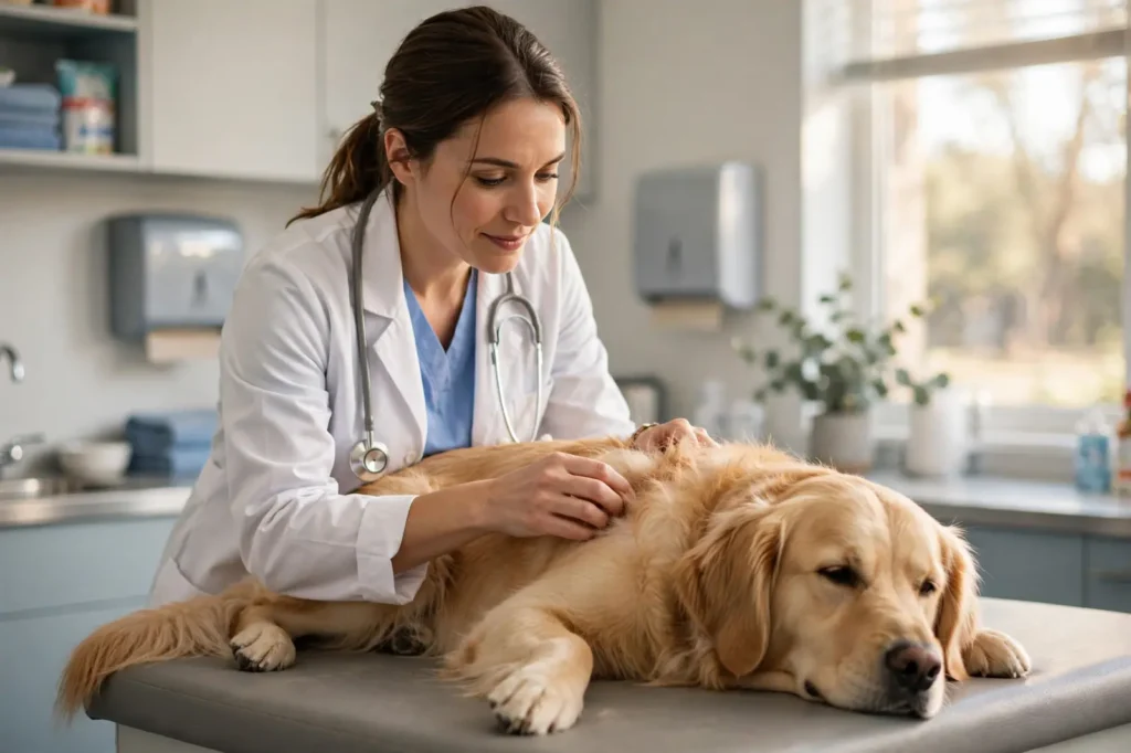Cáncer de piel en mascotas Veterinario revisando la piel del lomo de un perro en una clínica, ilustrando la revisión de la piel en mascotas