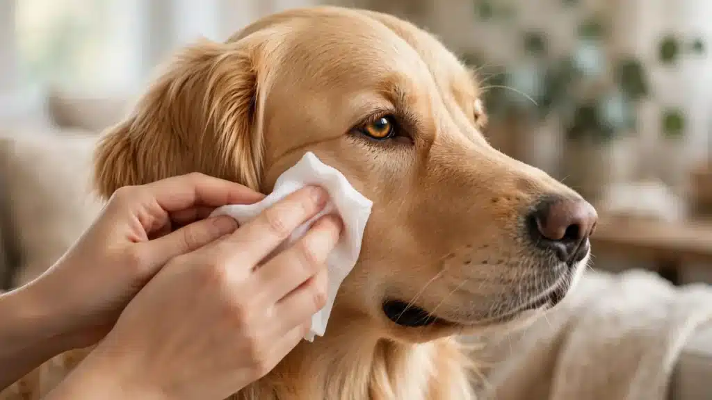 Cómo cuidar los ojos de los perros Dueño limpiando con delicadeza la zona externa alrededor del ojo de un perro golden retriever sano con una gasa suave en casa.
