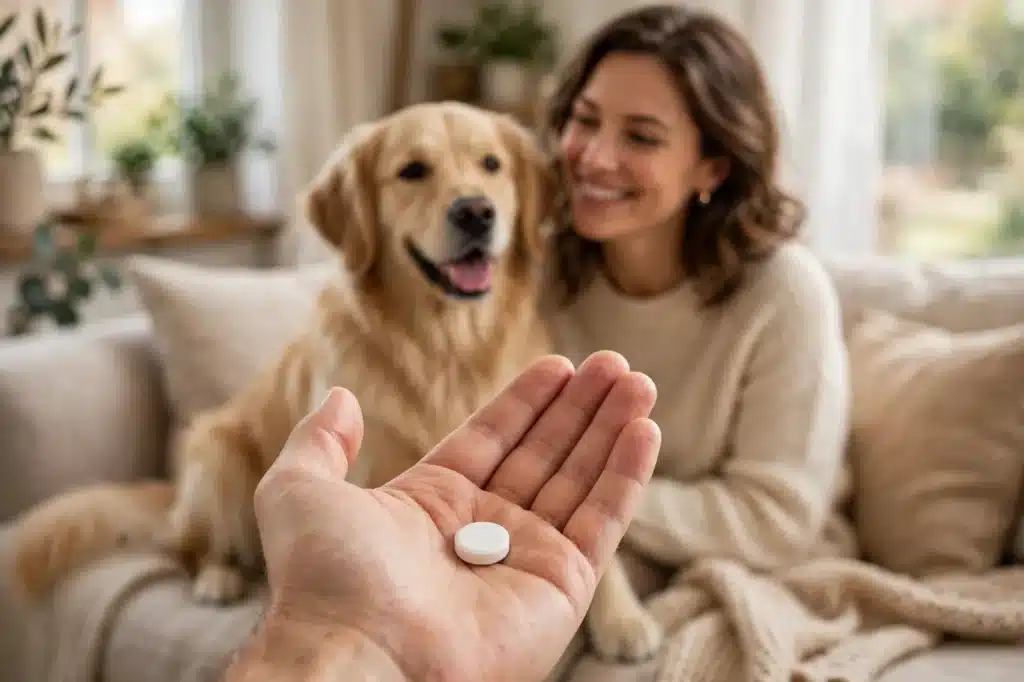 Cómo desparasitar a un perro Perro golden retriever feliz junto a su dueña en un hogar acogedor, mientras una mano sostiene una pastilla antiparasitaria en primer plano