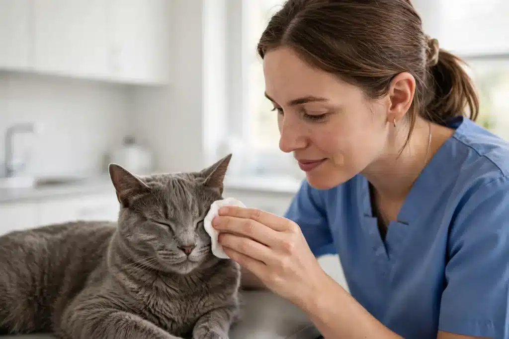 Cómo limpiar los ojos a un Gato Veterinaria limpiando con suavidad el ojo de un gato gris tranquilo con un algodón en una clínica luminosa