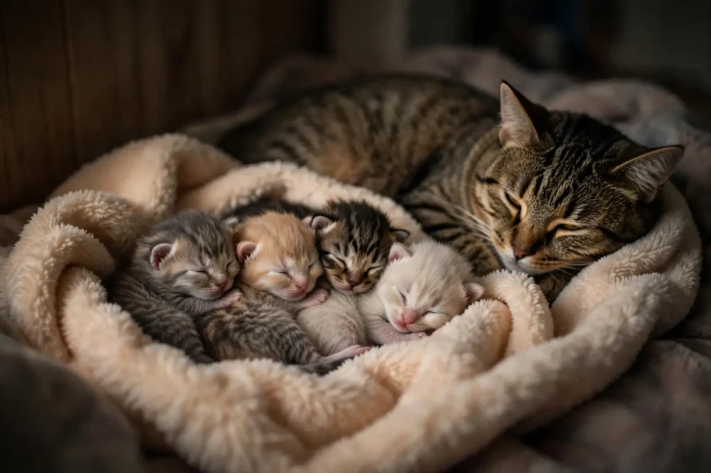 Cuidados del Gato recién nacido Gatitos recién nacidos dormidos y acurrucados en un nido cálido de manta de felpa, junto a su madre gata que los mantiene abrigados en un ambiente hogareño tenue y cálido.