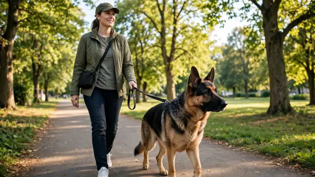 Displasia de cadera en perros pastor: guía completa Pastor alemán adulto sano paseando con correa junto a su dueña en un parque soleado, cuidado responsable diario