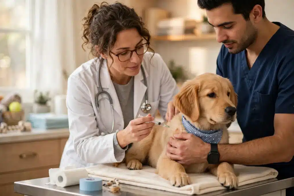El Moquillo en los Perros Veterinaria vacunando a un cachorro golden retriever en una clínica, ilustración de prevención del moquillo canino