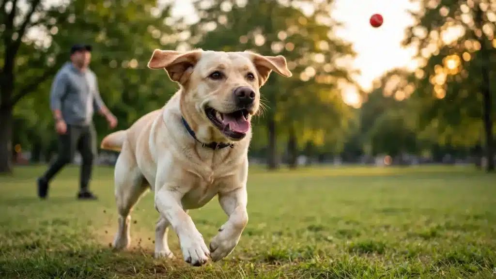 Perros labradores y la obesidad Labrador retriever feliz corriendo en el parque con su dueño jugando con una pelota