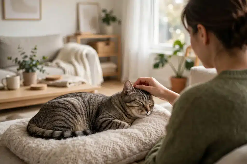 Gripe felina: síntomas y tratamiento en gatos Gato atigrado sano y tranquilo descansando en una cama acogedora mientras su dueña lo acaricia con cariño en una sala luminosa del hogar