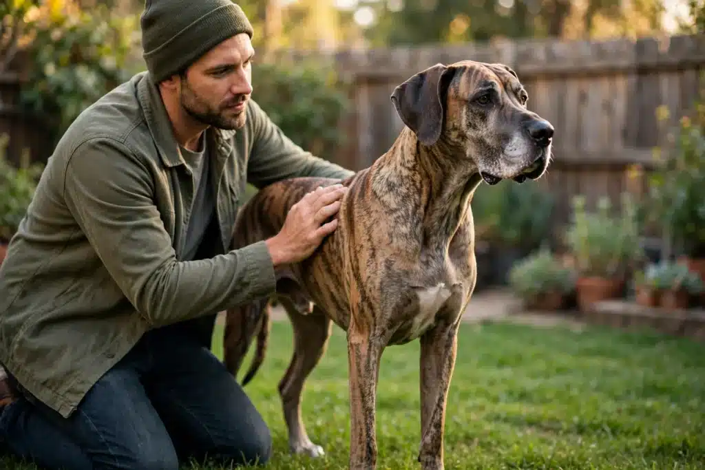 La torsión de estómago en perros Perro grande sano y tranquilo junto a su dueño, que lo observa de cerca con una mano sobre su lomo en actitud de cuidado responsable, en el jardín de la casa.