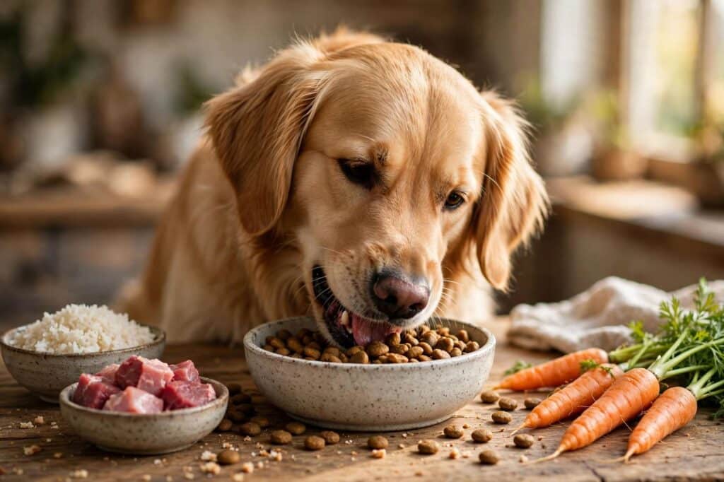 Los Piensos Naturales y Comerciales Perro comiendo pienso junto a ingredientes naturales