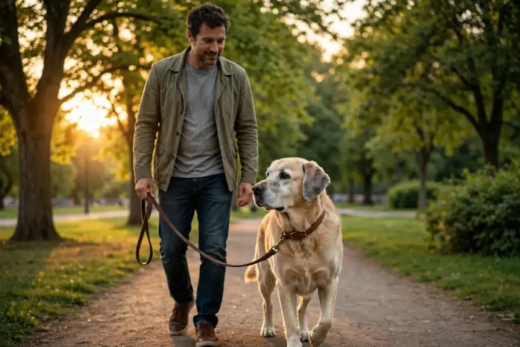 Problemas Articulares en Perros: Guía de Causas y Cuidados Perro senior con hocico gris paseando tranquilo junto a su dueño en un sendero de parque soleado