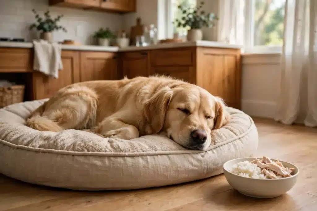 Remedios caseros para perros con diarrea Perro golden retriever adulto descansando tranquilo en su cama en una cocina hogareña, junto a un tazón de dieta blanda de arroz cocido con pollo desmenuzado