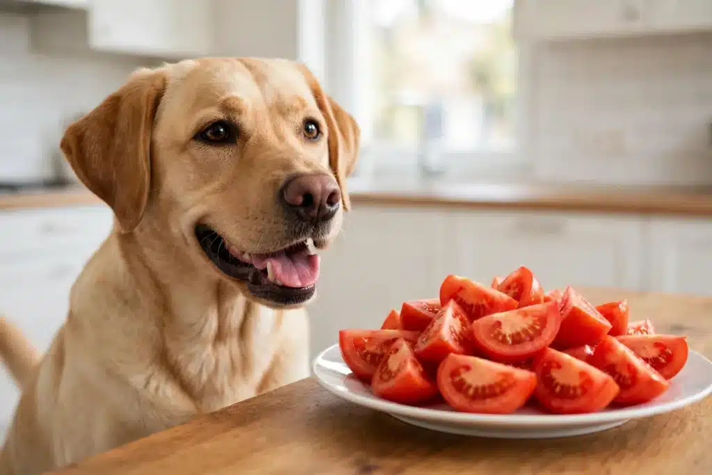 Tomate casero para perros Perro labrador feliz junto a un plato de tomates rojos maduros cortados en trozos en una cocina luminosa