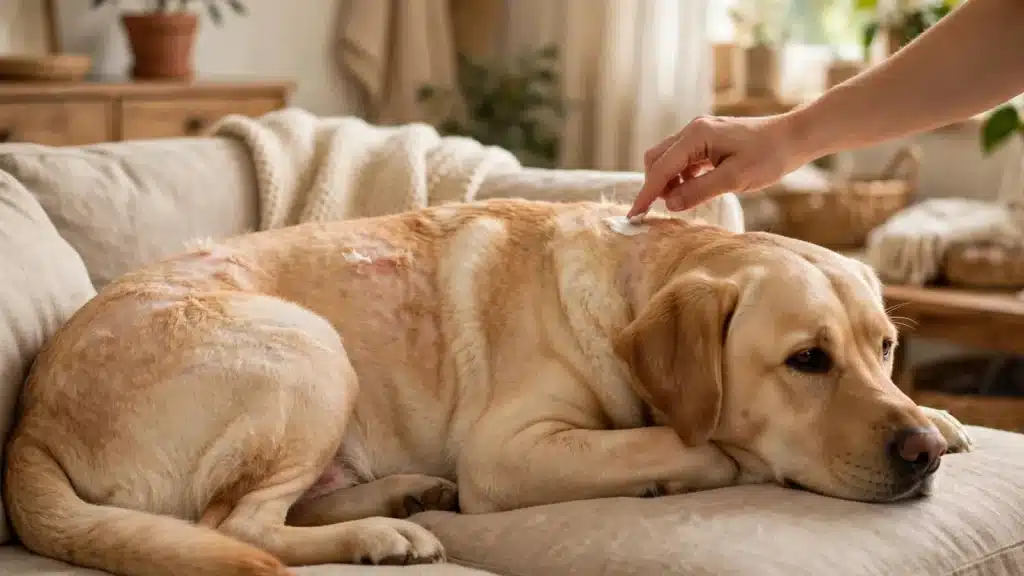 Tratamiento casero para perros con sarna Perro labrador con zonas de pelaje ralo acostado en un sofá mientras su dueño le aplica suavemente una crema tópica de apoyo en casa para la sarna