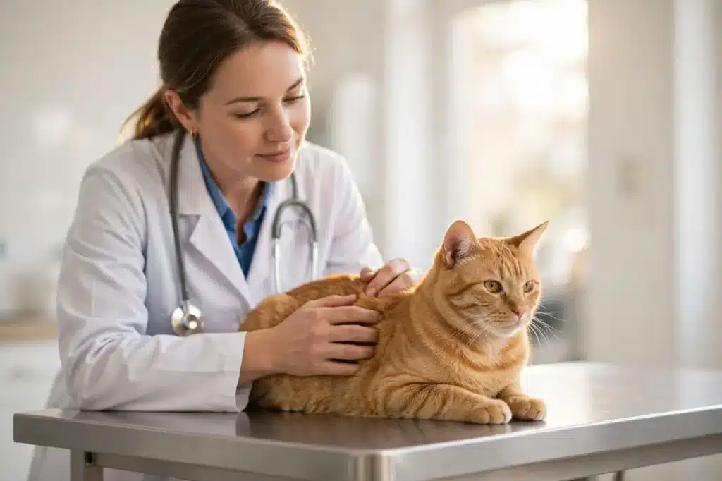 Tratamiento casero para pulgas en gatos Veterinaria revisando con calma a un gato atigrado naranja sobre la camilla de una clínica, como parte del cuidado seguro contra pulgas en gatos.